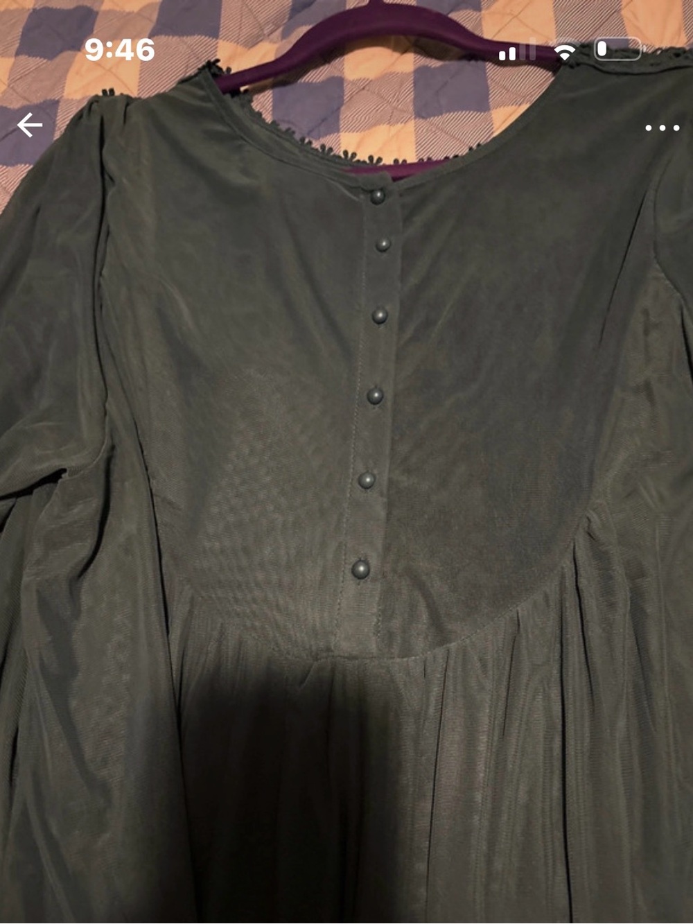 Women’s Dark Green Crochet Yoke Blouse Indego thread - Picture 3 of 4